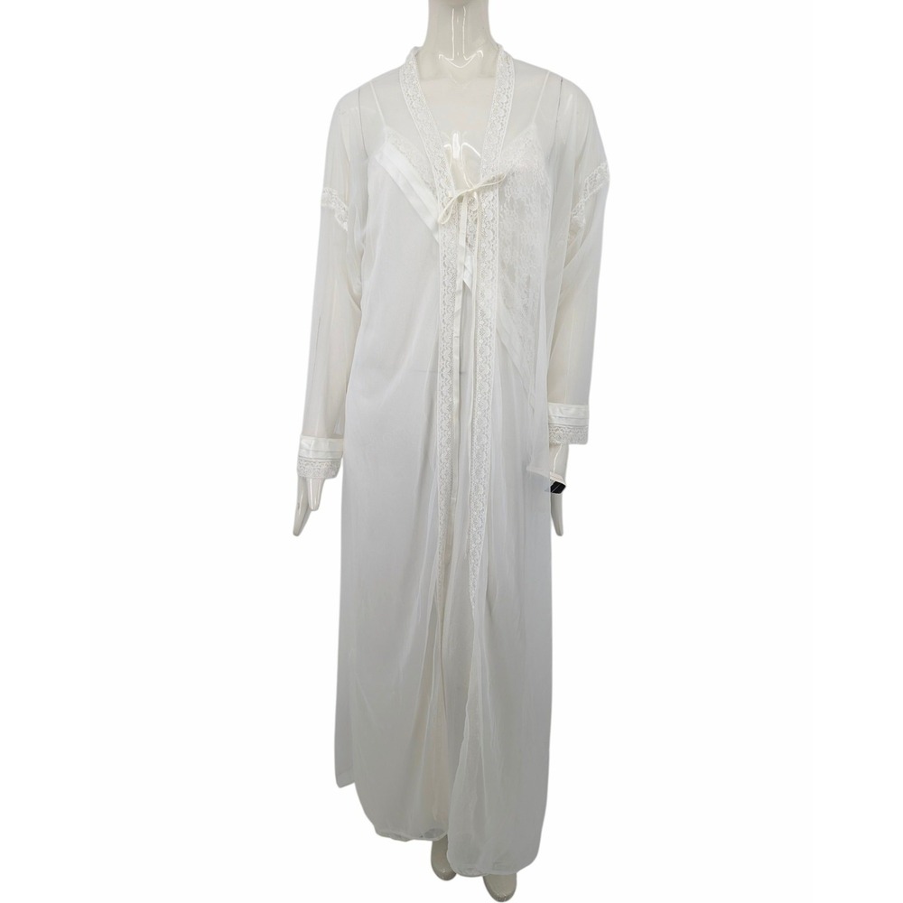 Vintage Gilead White Peignoir Set Large Nylon Lace Robe & Nightgown USA Bridal